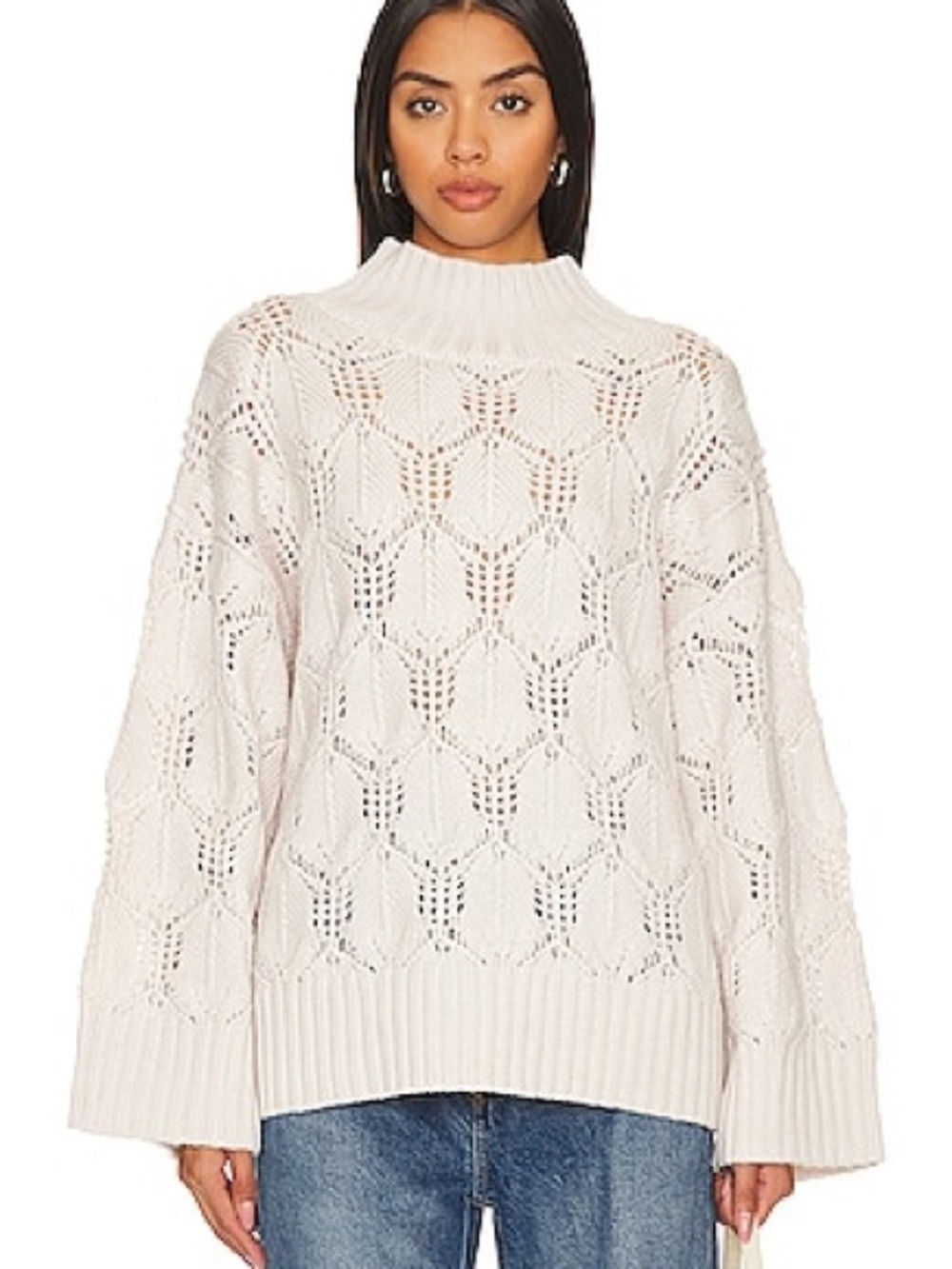 Revolve Joie Cream Pointelle Cable-Knit Turtleneck Sweater
